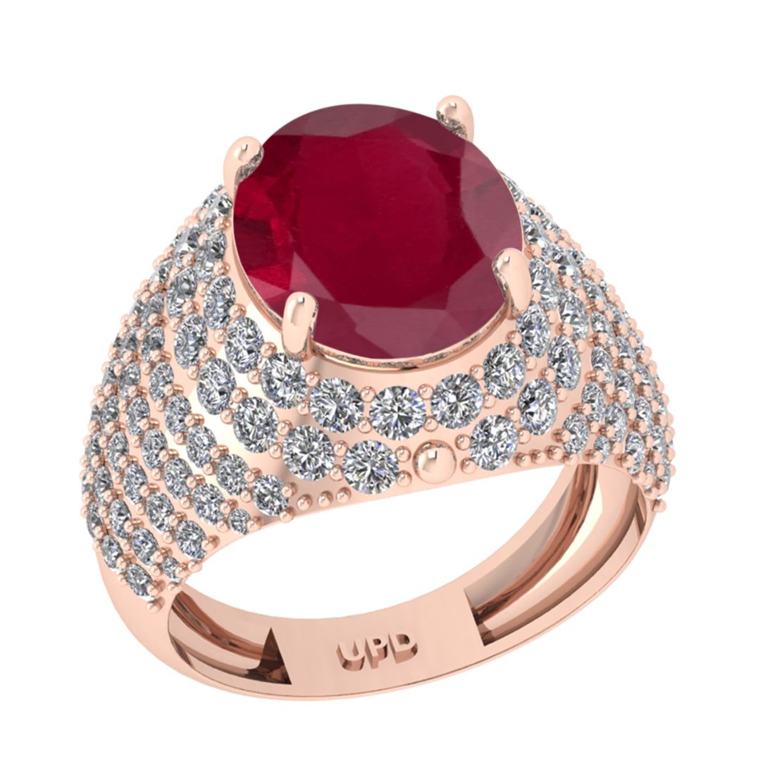6.72 Ctw VS/SI1 Ruby And Diamond 14K Rose Gold Engagement Ring: Center Stone Weight : 4.50 Ctw ( Oval Cut ) Center Stone Color : Ruby Stone Setting : Prong Side Diamond Weight Of Ctw2.22 Ctw Side Stone Color : G-H Stone Clarity : VS/SI1 Stone Setting : Prong