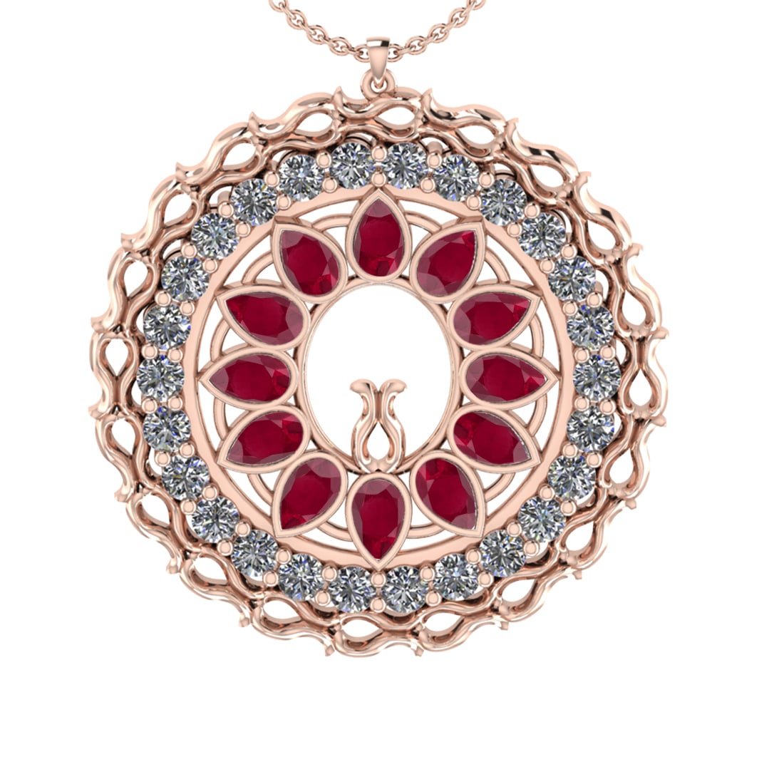 5.86 Ctw VS/SI1 Ruby and Diamond 14k Rose Gold Pandant (ALL DIAMOND ARE LAB: Center Stone Weight :-3.00 Ctw ( Pear Cut) Center Stone Color :- Ruby Center Stone Setting : Prong Side Diamond Weight Of Ctw :- 2.86 Ctw Color : J-K Clarity : VS/SI1 Daimond Setting : Prong Metal