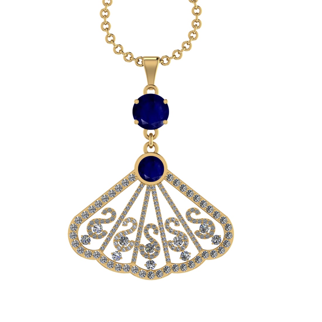 3.33 Ctw VS/SI1 Blue Sapphire and Diamond14K Yellow Gold Necklace (ALL DIAM: Center Stone Weight : 1.75 Ctw (2pec Round Cut) Center Stone Color :-Blue Sapphire Center Stone Setting : Prong Side Diamond Weight Of Ctw 1.58 Ctw Color : J-K Clarity : VS/SI1 Stone Setting : Prong M