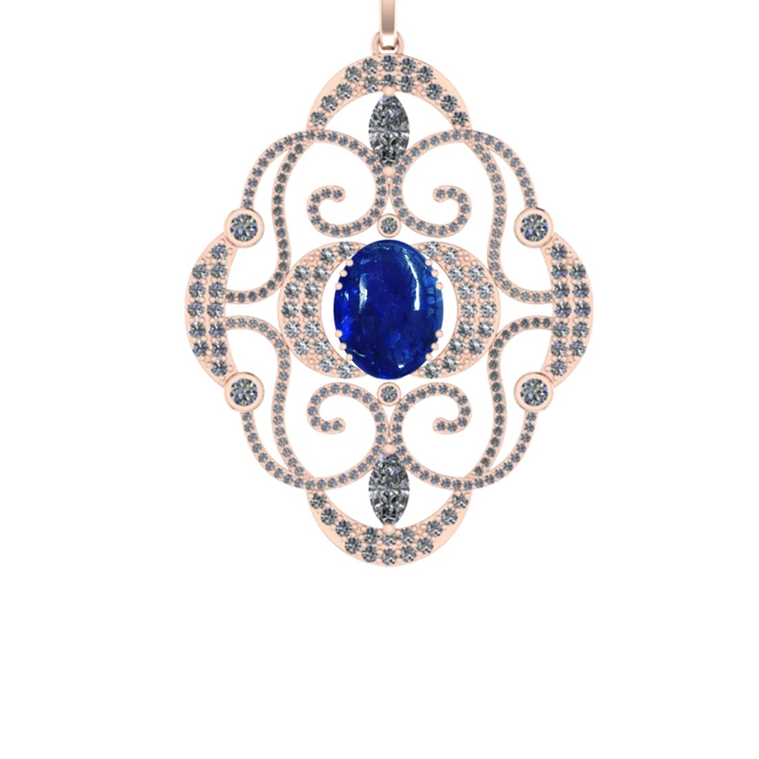 39.09 Ctw SI1/SI2 Tanzanite and Diamond 14k Rose Gold Pandant (ALL DIAMOND: Center Stone Weight :-27.00 Ctw ( Oval Cab) Center Stone Color :-Tanzanite Center Stone Setting : Prong Side Diamond Weight Of Ctw 12.09 Ctw Color : J-K Clarity : SI1/SI2 Stone Setting : Prong Metal