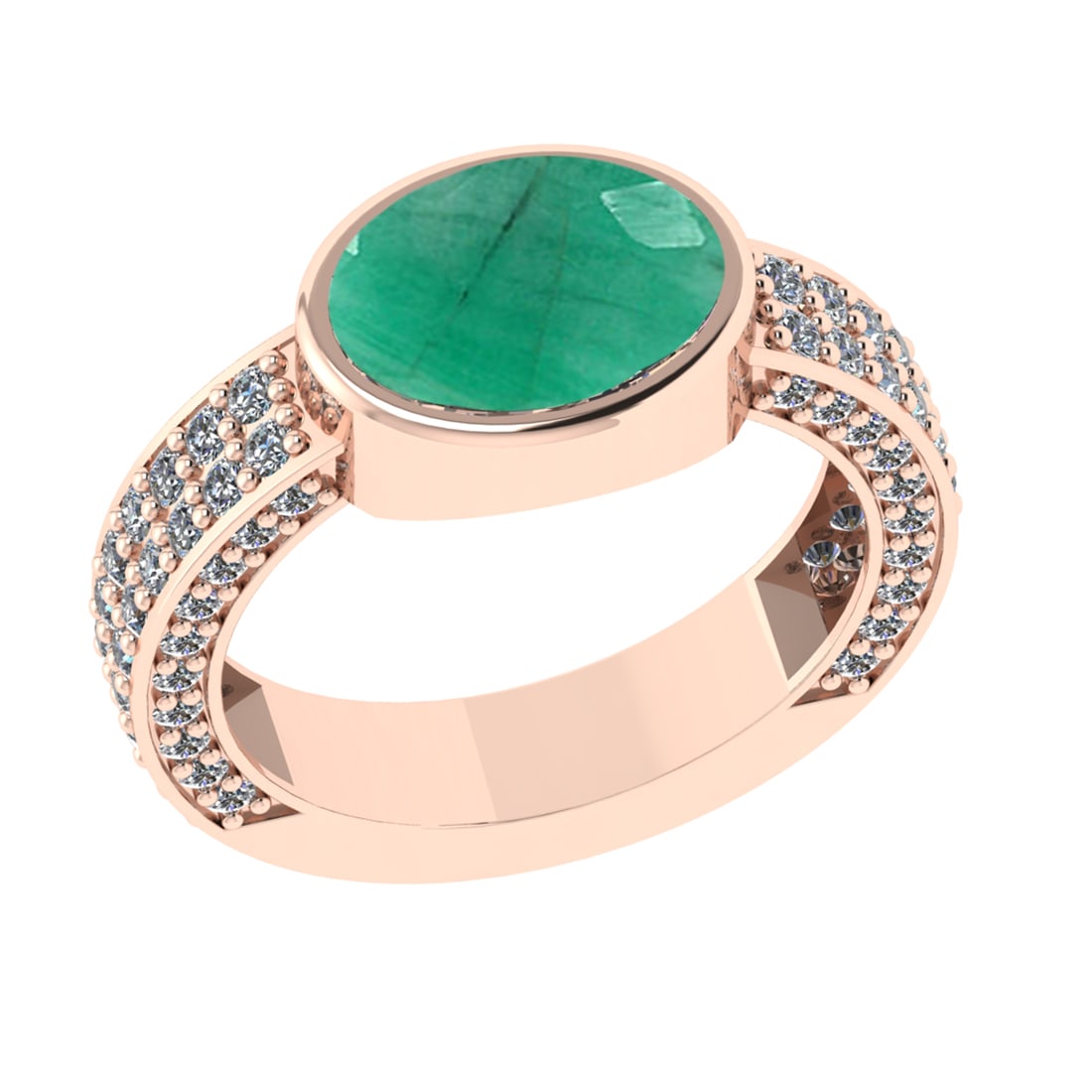 2.96 Ctw VS/SI1 Emerald and Diamond 14k Rose Gold Engagement Ring (ALL DIAM: Center Stone Weight :-2.00 Ctw ( Oval Cut) Center Stone Color :-Emerald Center Stone Setting : Prong Side Diamond Weight Of Ctw 0.96 Ctw Color : G-H Clarity : VS/SI1 Daimond Setting : Prong Metal Weig