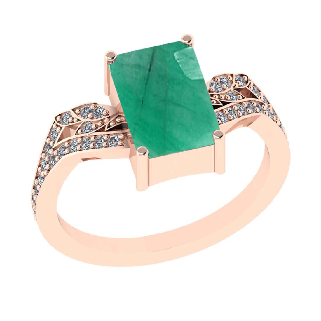 2.77 Ctw VS/SI1 Emerald and Diamond 14k Rose Gold Engagement Ring (ALL DIAM: Center Stone Weight :-2.50 Ctw ( Emerald Cut) Center Stone Color :-Emerald Center Stone Setting : Prong Side Diamond Weight Of Ctw :- 0.27 Ctw Color : J-K Clarity : VS/SI1 Daimond Setting : Prong Meta