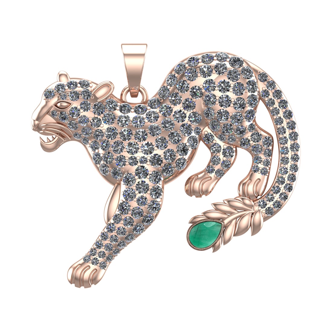6.61 Ctw VS/SI1 Emerald and Diamond 14k Rose Gold creature theme panther Pe: Center Stone Weight :-0.50 Ctw ( Pear Cut) Center Stone Color :-Emerald Center Stone Setting : Prong Side Diamond Weight Of Ctw :- 6.11 Ctw Color : J-K Clarity : VS/SI1 Daimond Setting : Prong Metal W