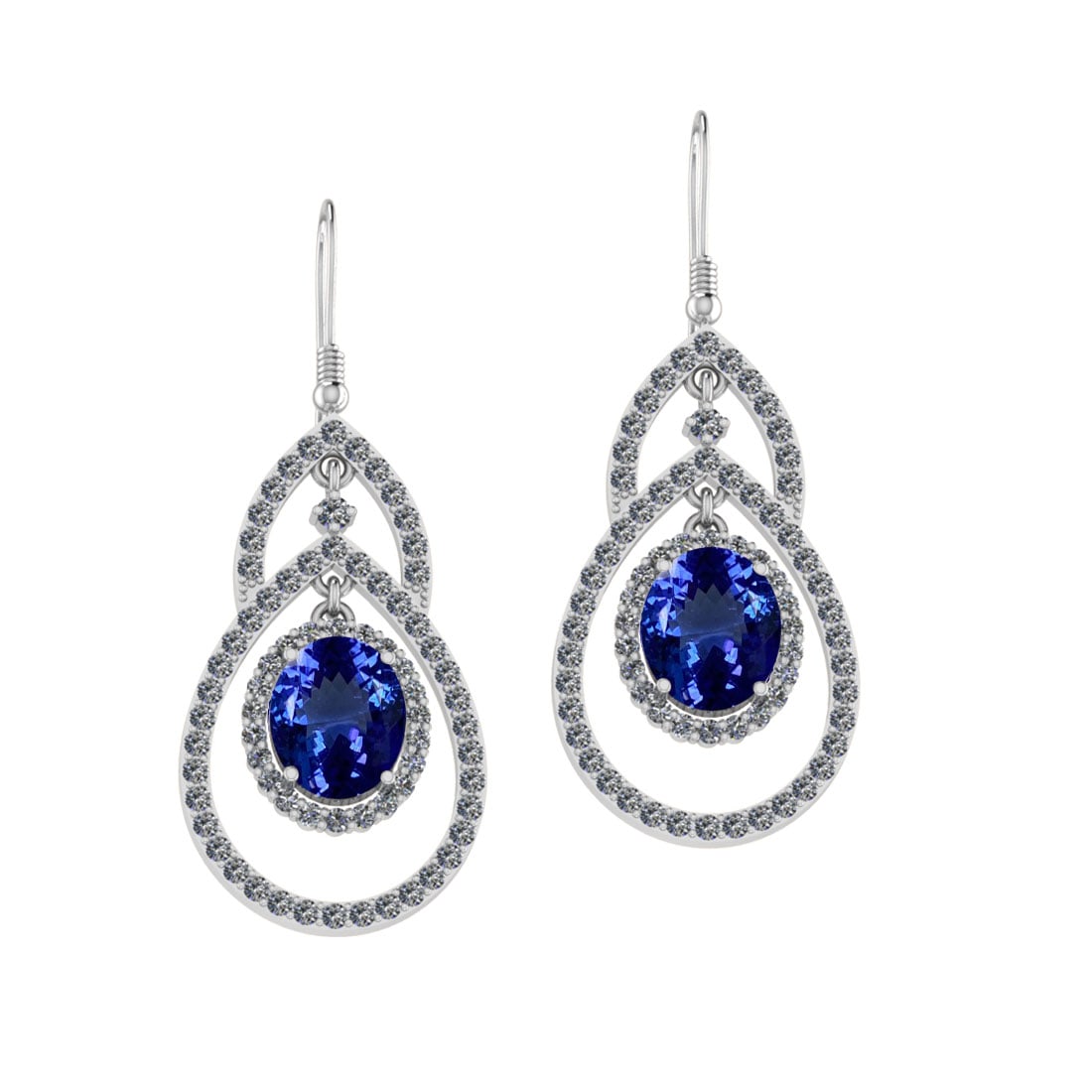 12.97 Ctw VS/SI1 Tanzanite And Diamond 18k White Gold Wire Hook Earrings: Center Stone Weight : 9.29 Ctw (Oval Cut ) Center Stone Color : Tanzanite Stone Setting : Prong Side Stone Weight Of Ctw 3.68 Ctw Side Stone Color : J-K Stone Clarity : VS/SI1 Stone Setting : Prong