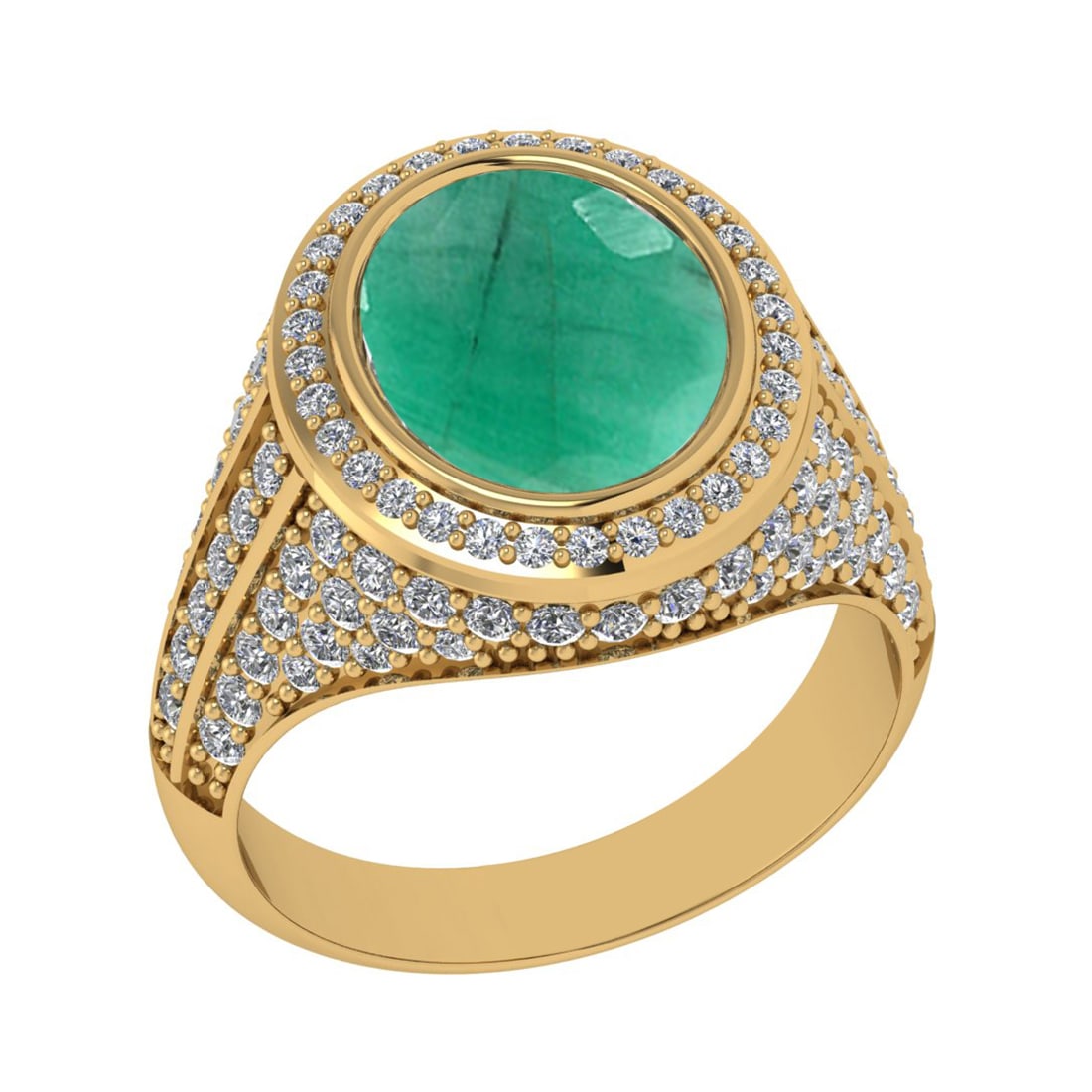 4.70 Ctw VS/SI1 Emerald and Diamond Prong Set 14K Yellow Gold Engagement Ri: Center Stone Weight : 3.50 Ctw (Oval Cut) Center Stone Color : Emerald Setting : Prong Side Weight Of Ctw 1.20 Ctw Color : J-K Clarity : VS/SI1 Stone Setting : Prong Metal Weight : Approx 7.90 gram