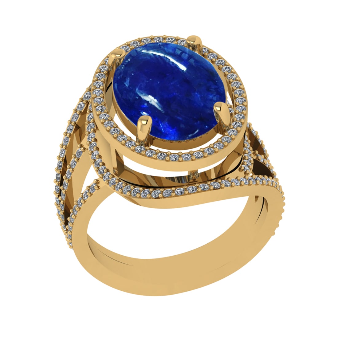 8.04 Ctw SI1/SI2 Tanzanite and Diamond 14k Yellow Gold Engagement Ring ( (A: Center Stone Weight :-7.30 Ctw ( Oval Cab) Center Stone Color :-Tanzanite Center Stone Setting : Prong Side Diamond Weight Of Ctw 0.74 Ctw Color : J-K Clarity : SI1/SI2 Stone Setting : Prong Metal Wei