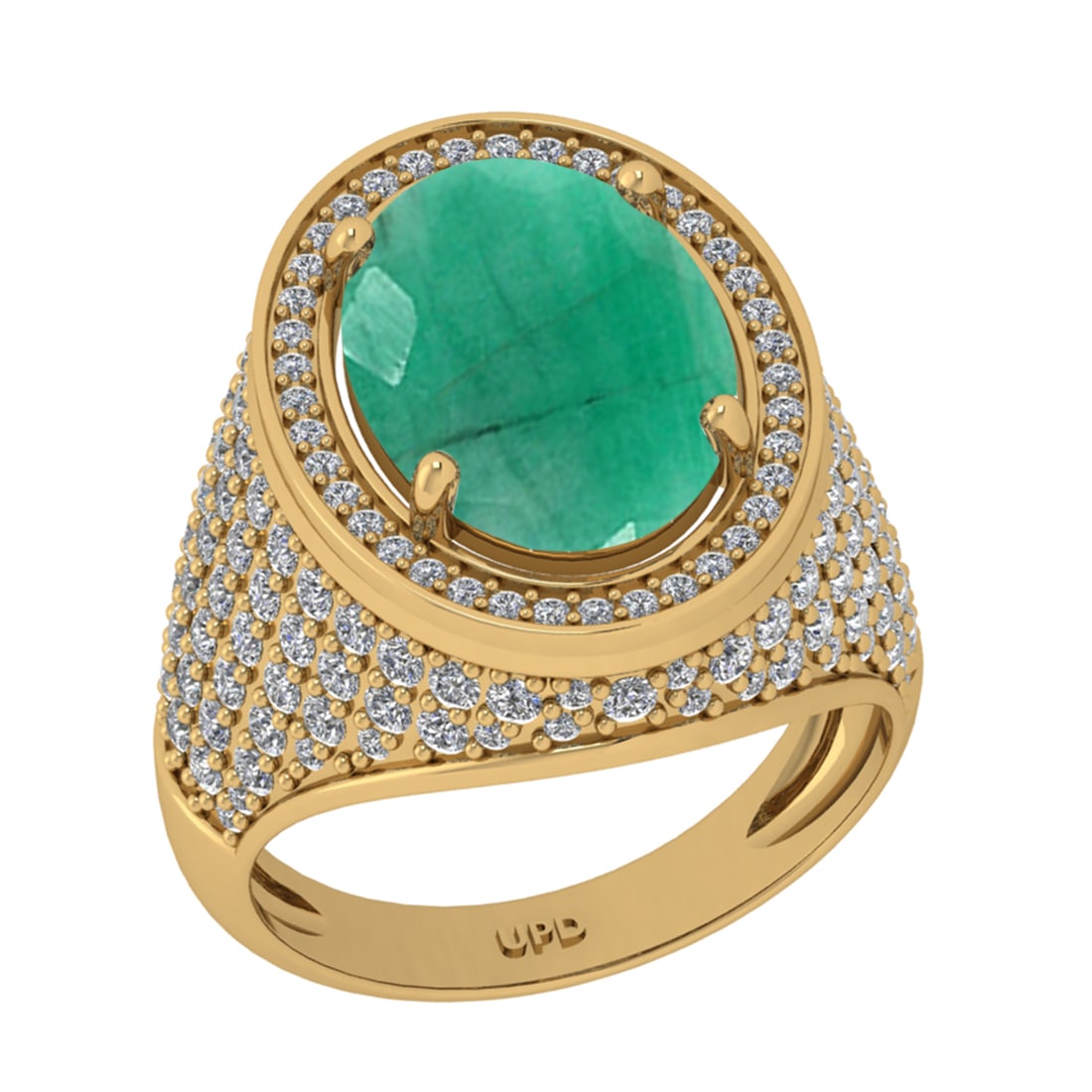 7.50 Ctw VS/SI1 Emerald And Diamond 14K Yellow Gold Engagement Ring: Center Stone Weight : 5.90 Ctw (Oval Cut ) Center Stone Color : Emerald Stone Setting : Prong Side Diamond Weight Of Ctw 1.60 Ctw Side Stone Color : G-H Stone Clarity : VS/SI1 Stone Setting : Prong