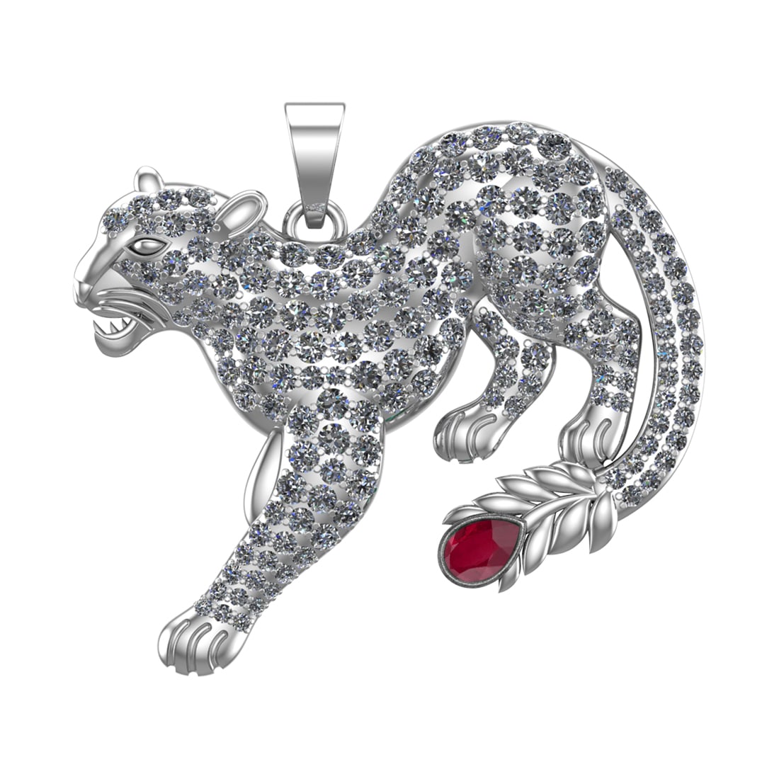 6.61 Ctw VS/SI1 Ruby and Diamond 14k white Gold creature theme panther Pend: Center Stone Weight :-0.50 Ctw ( Pear Cut) Center Stone Color :-Ruby Center Stone Setting : Prong Side Diamond Weight Of Ctw :- 6.11 Ctw Color : J-K Clarity : VS/SI1 Daimond Setting : Prong Metal Weig
