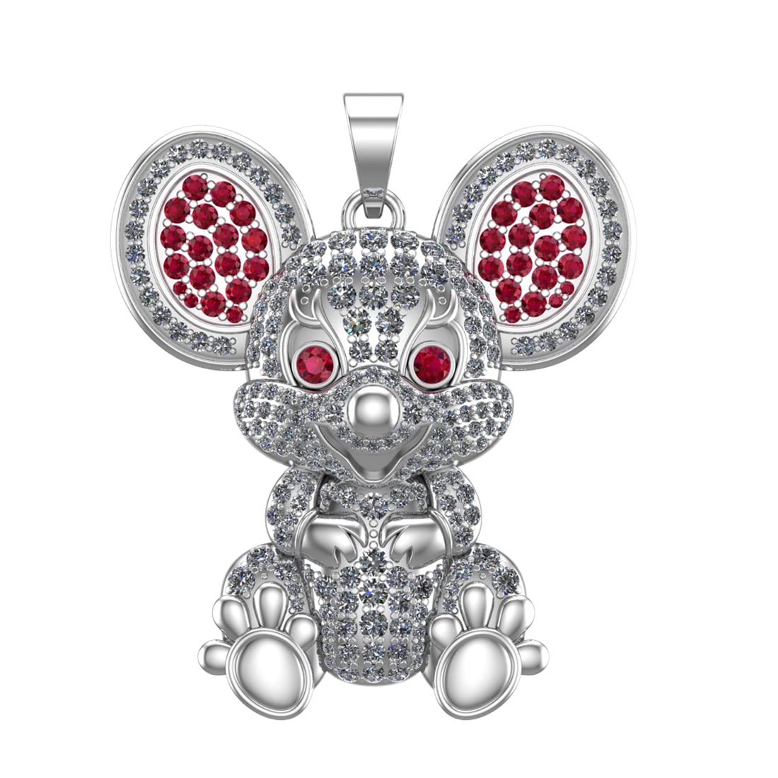 3.46 Ctw SI2/SI1 Diamond Prong Set 14k white Gold Teddy Bear Theme Pendant: Color Stone Weight :- 0.82 ctw stone color :-Ruby setting :- Prong Total Daimond Weight :-2.64 Ctw Color : G-H Clarity : SI2/SI1 Setting : Prong Metal Weight : Approx 22.52 Gram 14k White Gold Teddy B