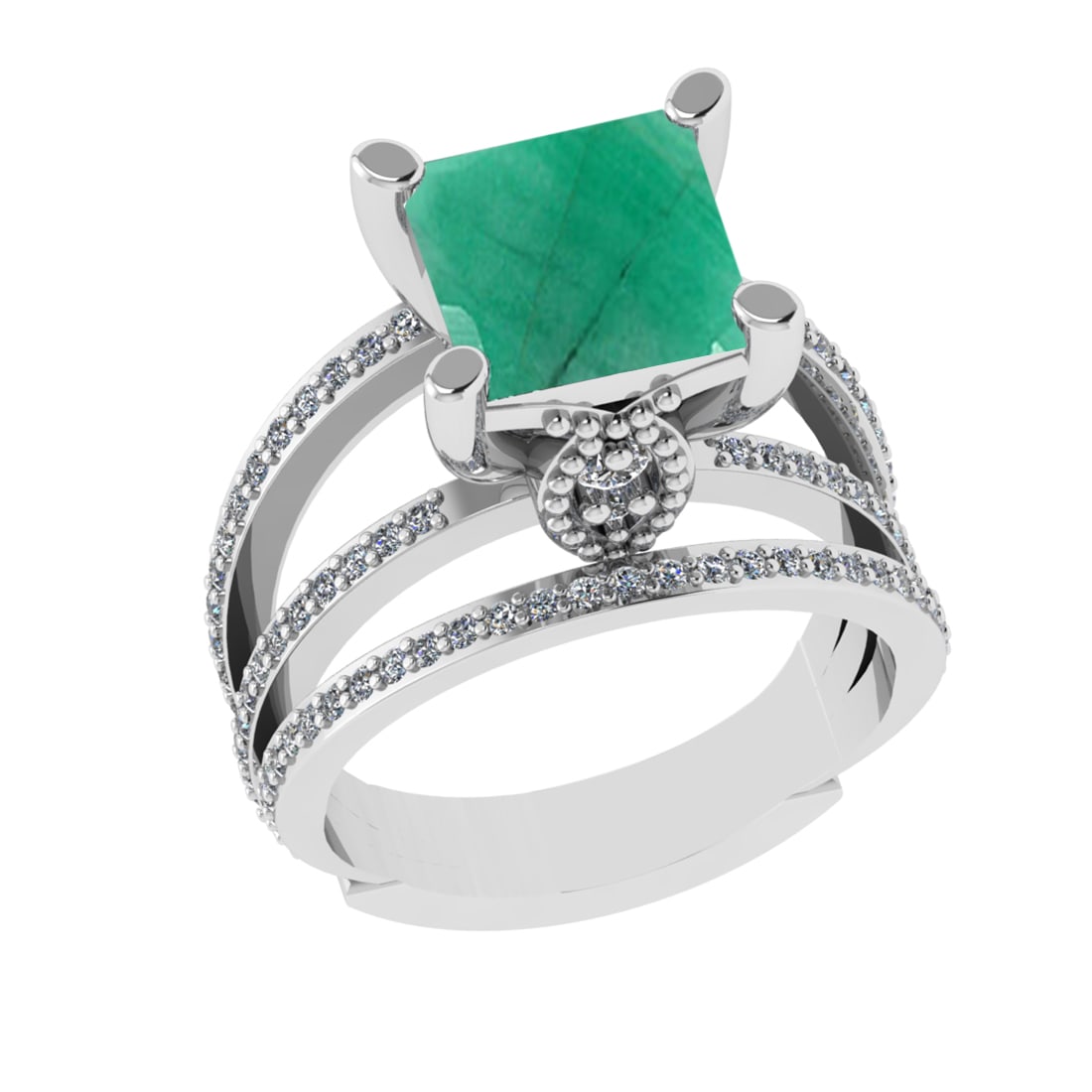 2.70 Ctw VS/SI1 Emerald And Diamond 14k White Gold Engagement Ring (ALL DIA: Center Stone Weight : 2.00 Ctw ( Cushion Cut ) Center Stone Color : Emerald Stone Setting : Prong Side Diamond Weight Of Ctw 0.70 Ctw Side Stone Color : G-H Stone Clarity : VS/SI1 Stone Setting :