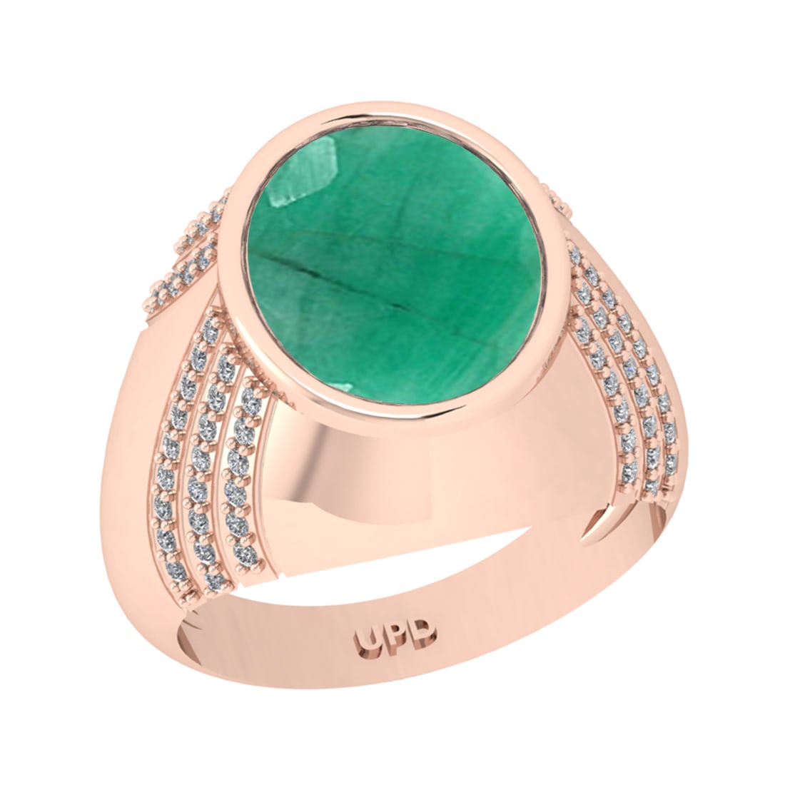 5.15 Ctw VS/SI1 Emerald And Diamond 14K Rose Gold Engagement Ring: Center Stone Weight : 4.80 Ctw ( Oval Cut ) Center Stone Color : Emerald Stone Setting : Prong Side Diamond Weight Of Ctw0.35 Ctw Side Stone Color : G-H Stone Clarity : VS/SI1 Stone Setting : Prong