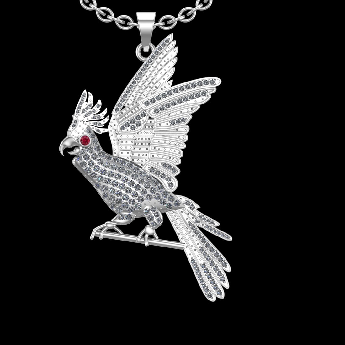 1.72 Ctw VS/SI1 Ruby and Diamond Prong Set 18K White Gold Birds Necklace (A: Eye stone weight :-0.02 ctw Eye stone Color :- Ruby ( Round cut ) Total Diamond Weight : 1.70 Ctw (Round cut) Center Diamond Color :- G-H Center Clarity : VS/SI1 Stone Setting : Prong Metal Weight : A