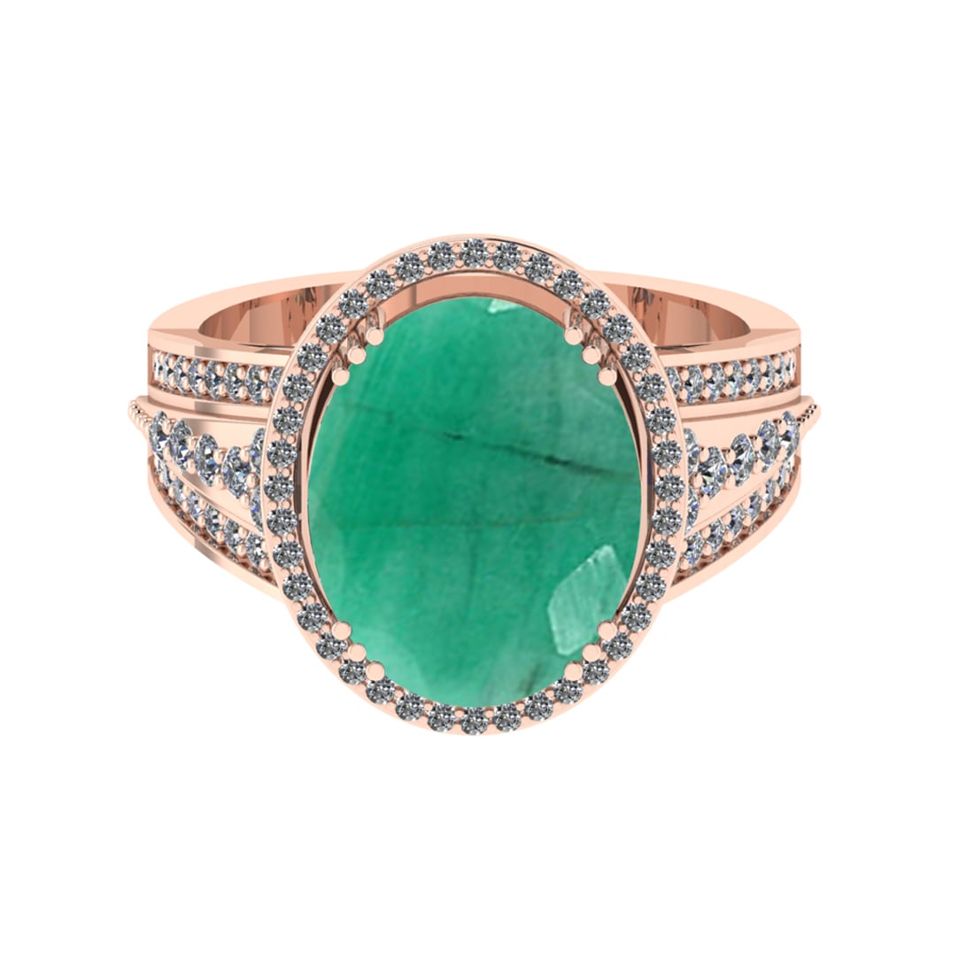 5.60 Ctw VS/SI1 Emerald And Diamond 14k Rose Gold Engagement Ring (ALL DIAM: Center Stone Weight : 5.00 Ctw ( Oval Cut ) Center Stone Color : Emerald Stone Setting : Prong Side Diamond Weight Of Ctw 0.60 Ctw Side Stone Color : G-H Stone Clarity : VS/SI1 Stone Setting : Prong M