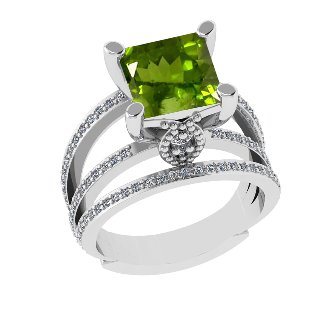 2.70 Ctw VS/SI1 Peridot And Diamond 14K White Gold Engagement Ring( ALL DIA: Center Stone Weight : 2.00 Ctw ( Princess Cut ) Center Stone Color : Peridot Stone Setting : Prong Side Diamond Weight Of Ctw 0.70 Ctw Side Stone Color : J-K Stone Clarity : VS/SI1 Stone Setting :