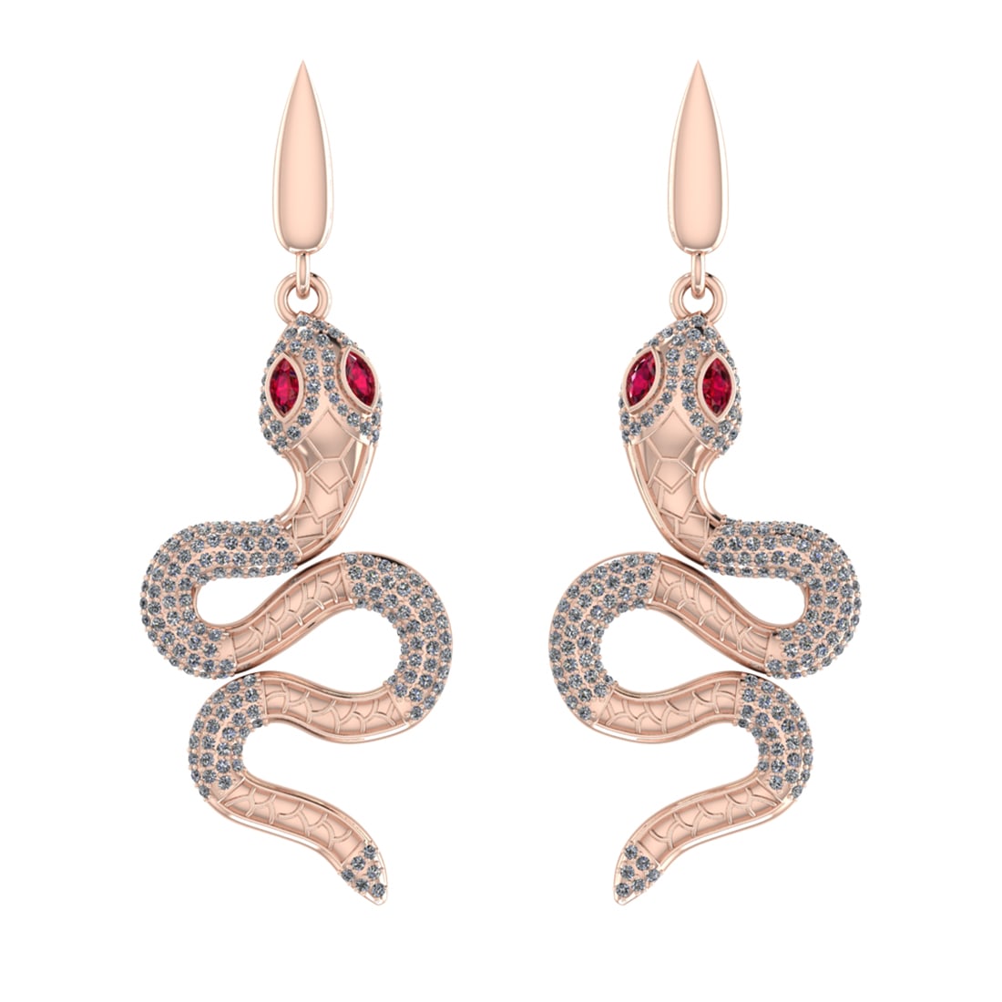 2.15 CtwVS/SI1 Ruby and Diamond 14K Rose Gold Sneak Earrings: Eye stone weight :-0.40 ctw ( Marquise cut) Eye Stone Color :-Ruby Setting :- Prong Total Diamond Weight : 1.75 Ctw (Round cut) Center Diamond Color :- J-K Center Clarity :VS/SI1 Stone Setting : Prong
