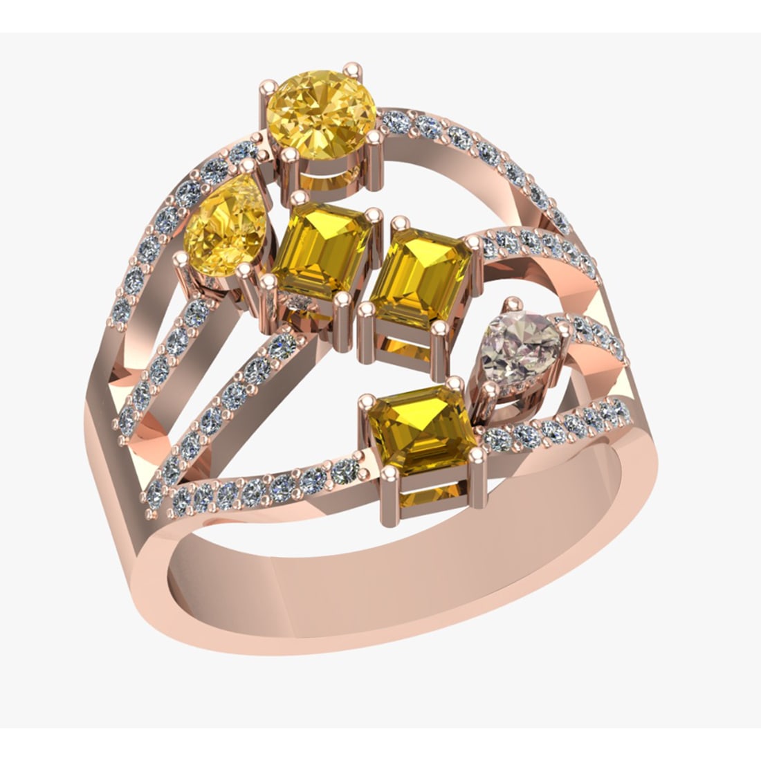2.21 Ctw VS/SI1 Fancy Natural Yellow Brown and white Diamond 14K Rose Gold: Center Diamond Weight :- 1.80 Ctw ( Pear,Emerald Cut ) Color :- VS/SI1 Fancy NaturalYellow Brown Diamond Stone Setting : Prong Side Diamond Weight Of Ctw 0..41 Ctw Side Stone Color : J-K Stone