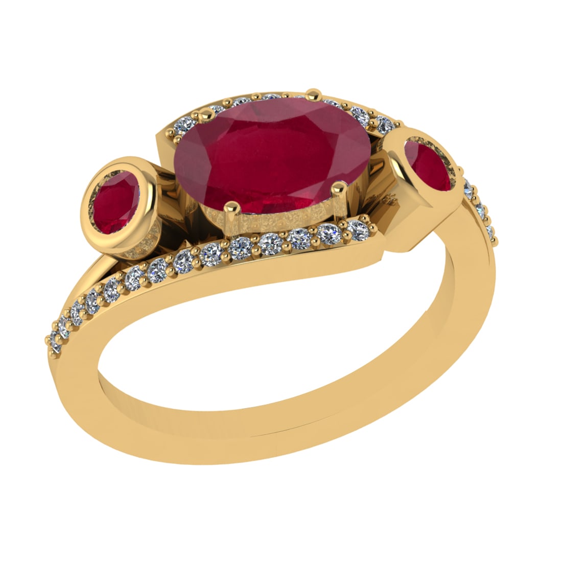 2.94 Ctw VS/SI1 Ruby and Diamond 14k Yellow Gold Engagement Ring (ALL DIAMO: Center Stone Weight :-2.70 Ctw ( Oval & Round Cut) Center Stone Color :-Ruby Center Stone Setting : Prong Side Diamond Weight Of Ctw 0.24 Ctw Color : G-H Clarity : VS/SI1 Daimond Setting : Prong Metal