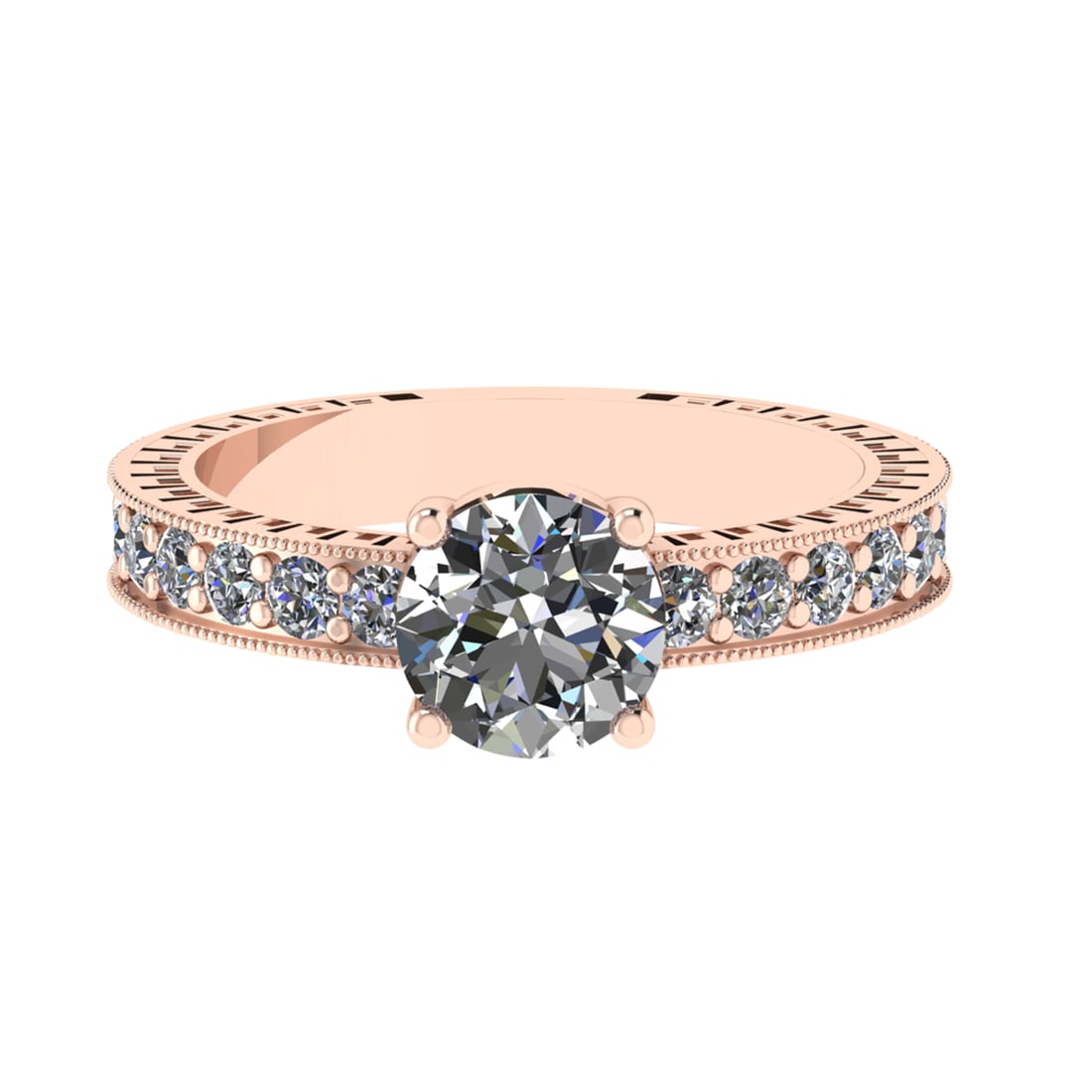 2.07 Ctw SI2/SI1 Diamond Prong Set 14k Rose Gold Engagement Ring (ALL DIAMO: Center Daimond Weight :-1.30 Ctw ( Round Cut) Color : G-H Clarity : SI2/SI1 Side Diamond Weight Of Ctw 0.77 Ctw Color : G-H Clarity : SI2/SI1 Daimond Setting : Prong Metal Weight : Approx 4.43 gram 14
