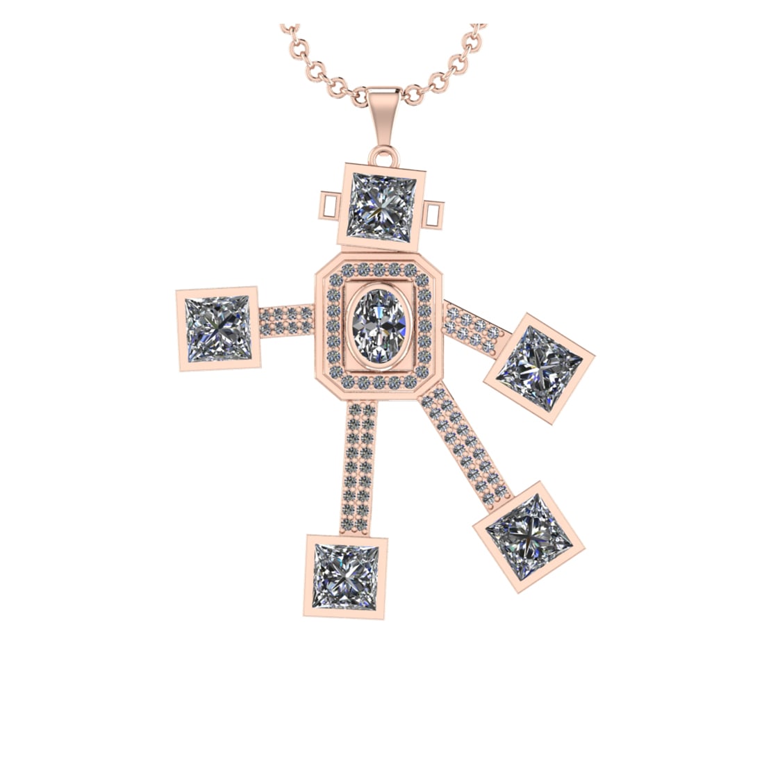 5.15 Ctw VS/SI1 Diamond 14K Rose Gold robot theme Necklace (ALL DIAMOND ARE: Center Diamond Weight :-4.50 Ctw (6pec Oval & Princess cut) Color :- J-K Clarity : VS/SI1 Center Stone Setting : Prong Side Diamond Weight Of Ctw 0.65 Ctw Color : J-K Clarity : VS/SI1 Stone Setting : 