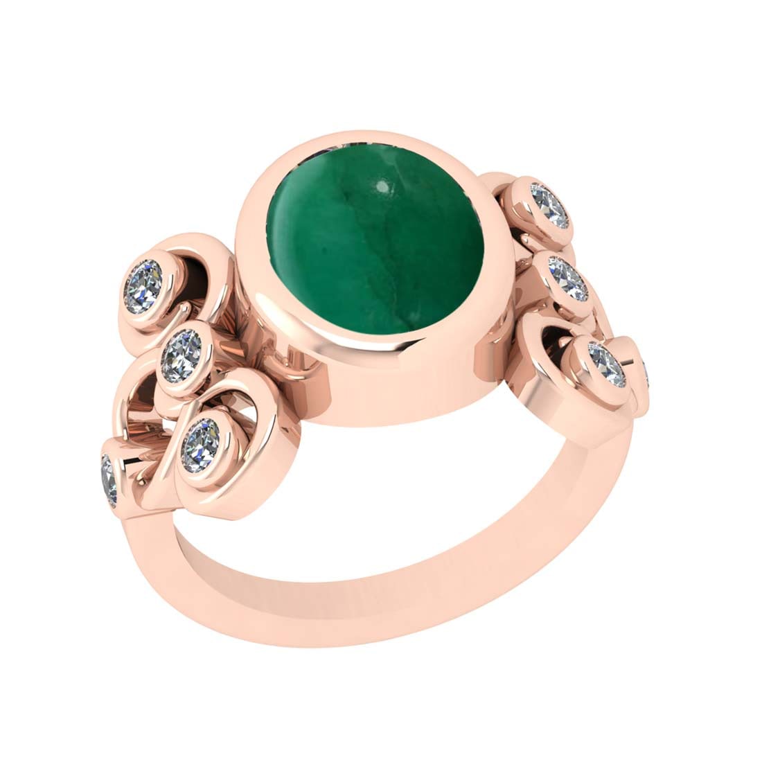 3.93 Ctw VS/SI1 Emerald and Diamond Bezel Set 14k Rose Gold Engagement Ring: Center Stone Weight :-3.47 Ctw ( Oval Cab ) Center Stone Color :-Emerald Center Stone Setting : Bezel Side Diamond Weight Of Ctw :- 0.46 Ctw Color : J-K Clarity : VS/SI1 Daimond Setting : Bezel Metal 