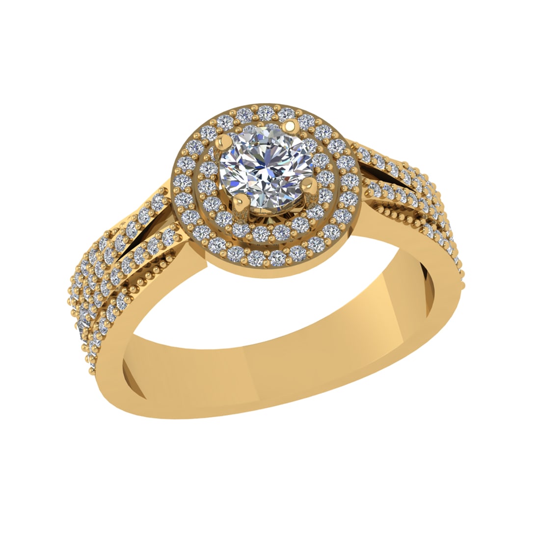 1.05 Ctw SI2/SI1 Diamond Prong Set 14k Yellow Gold Engagement Halo Ring: Center Daimond Weight :-0.50 Ctw ( Round Cut) Color : G-H Clarity : SI2/SI1 Side Diamond Weight Of Ctw 0.55 Ctw Color : G-H Clarity : SI2/SI1 Daimond Setting : Prong Metal Weight : Approx 5.81 gram 14