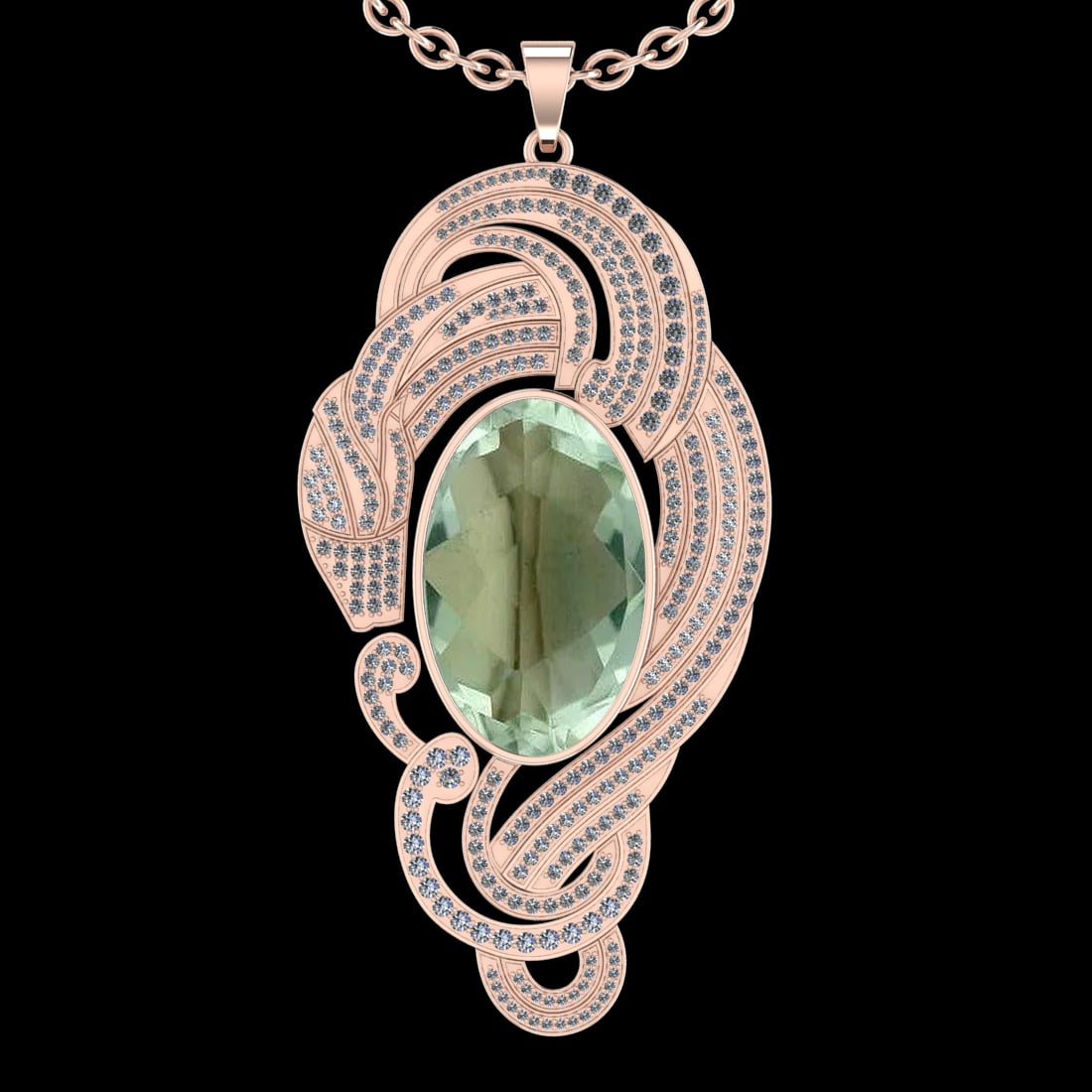 60.60 Ctw VS/SI1 Green Amethyst And Diamond 14k Rose Gold Pendant Neklace(: Center Stone Weight : 56.30 Ctw ( Oval Cut ) Center Stone Color : Green Amethyst Stone Setting : Prong Side Diamond Weight Of Ctw 4.30 Ctw Side Stone Color : J-K Stone Clarity : VS/SI1 Stone Setting