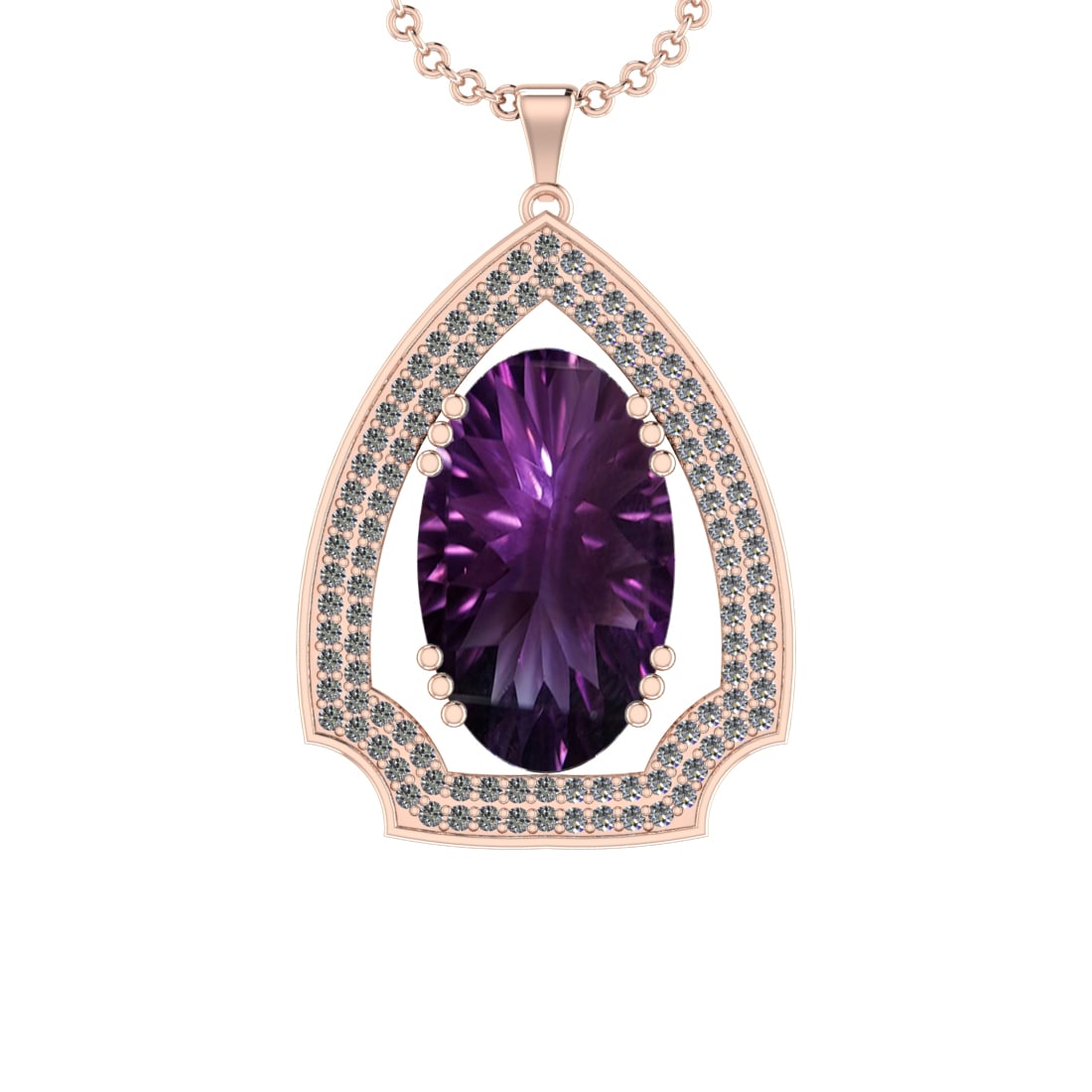 63.50 Ctw VS/SI1 Amethyst and Diamond Prong Set 14k Rose Gold Pendant (ALL: Center Stone Weight : 61.28 Ctw ( Oval Cut) Center Stone Color :-Amethyst Setting : Prong Side Weight Of Ctw 2.22 Ctw Color : J-K Clarity : VS/SI1 Stone Setting : Prong Metal Weight : Approx 16.70