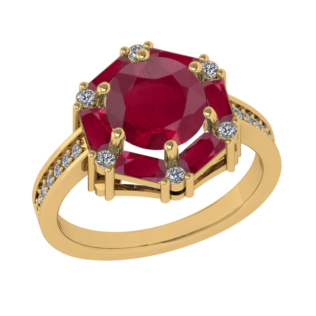 2.78 Ctw VS/SI1 Ruby and Diamond 14k Yellow Gold Engagement Ring(ALL DIAMON: Center Stone Weight :-2.60 Ctw ( Round & Bug Cut) Center Stone Color :- Ruby Center Stone Setting : Prong Side Diamond Weight Of Ctw :- 0.18 Ctw Color : J-K Clarity : VS/SI1 Daimond Setting : Prong Me