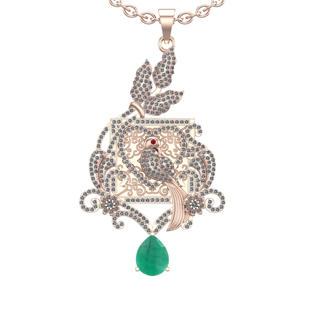 4.41 Ctw VS/SI1 Emerald and Diamond Prong Set 14K Rose Gold Pendant (ALL DI: Eye stone Weight :-0.01 ctw Eye stone Color :- Emerald Center Stone Weight : 2.50 Ctw (Pear Cut) Center Stone Color : Emerald Setting : Prong Side Weight Of Ctw 1.90 Ctw Color : J-K Clarity : VS/SI1 S