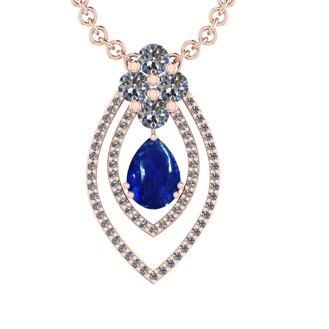 24.05 Ctw VS/SI1 Tanzanite and Diamond Prong Set 14K Rose Gold Pendant (ALL: Color Stone Weight : 20.25 Ctw (Pear Cab) Stone Color :- Tanzanite Center Stone Setting : Prong Side Weight Of Ctw 3.80 Ctw Color : J-K Clarity : VS/SI1 Stone Setting : Prong Metal Weight : Approx