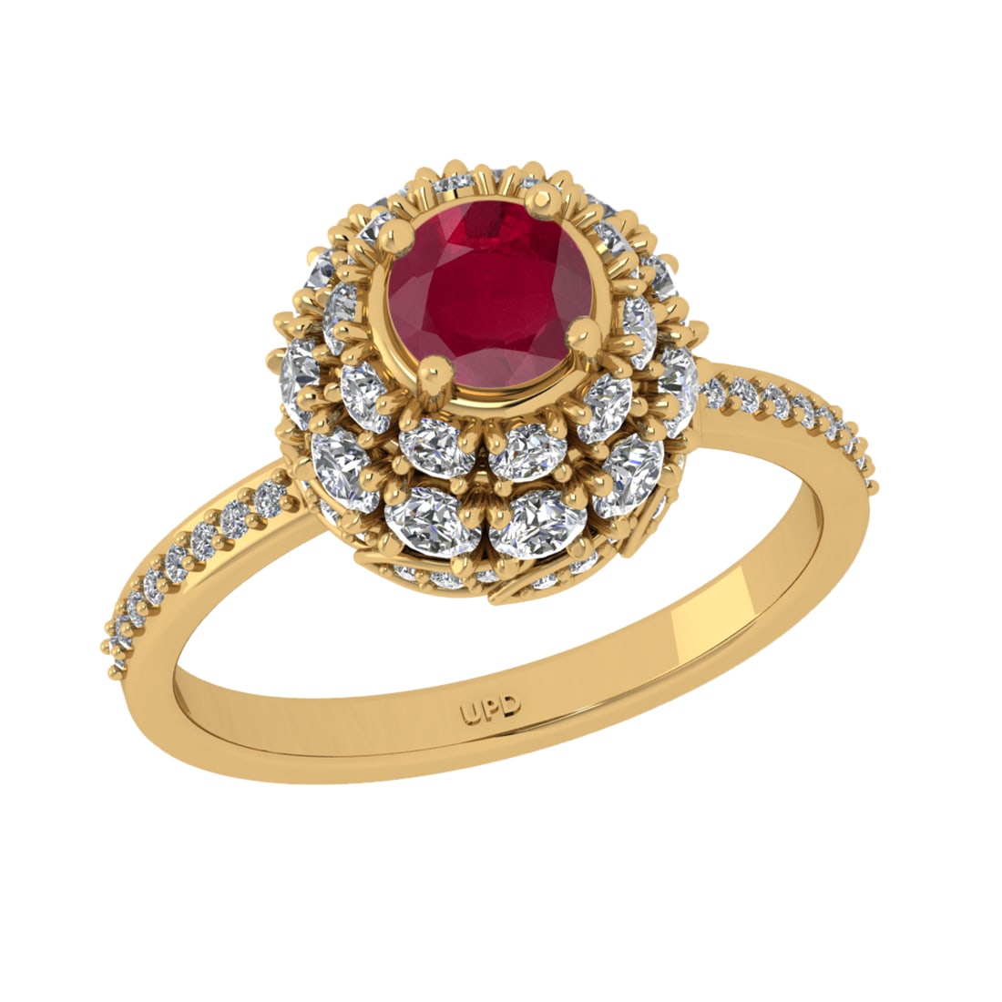 2.00 Ctw VS/SI1 Ruby and Diamond Prong Set 14K Yellow Gold Engagement Ring: Center stone Weight :-: 0.90 Ctw ( Round Cut) Color :- Ruby Center Stone Setting : Prong Side Diamond Weight Of Ctw 1.10 Ctw Color : J-K Clarity : VS/SI1 Stone Setting : Prong Metal Weight : Approx 4.