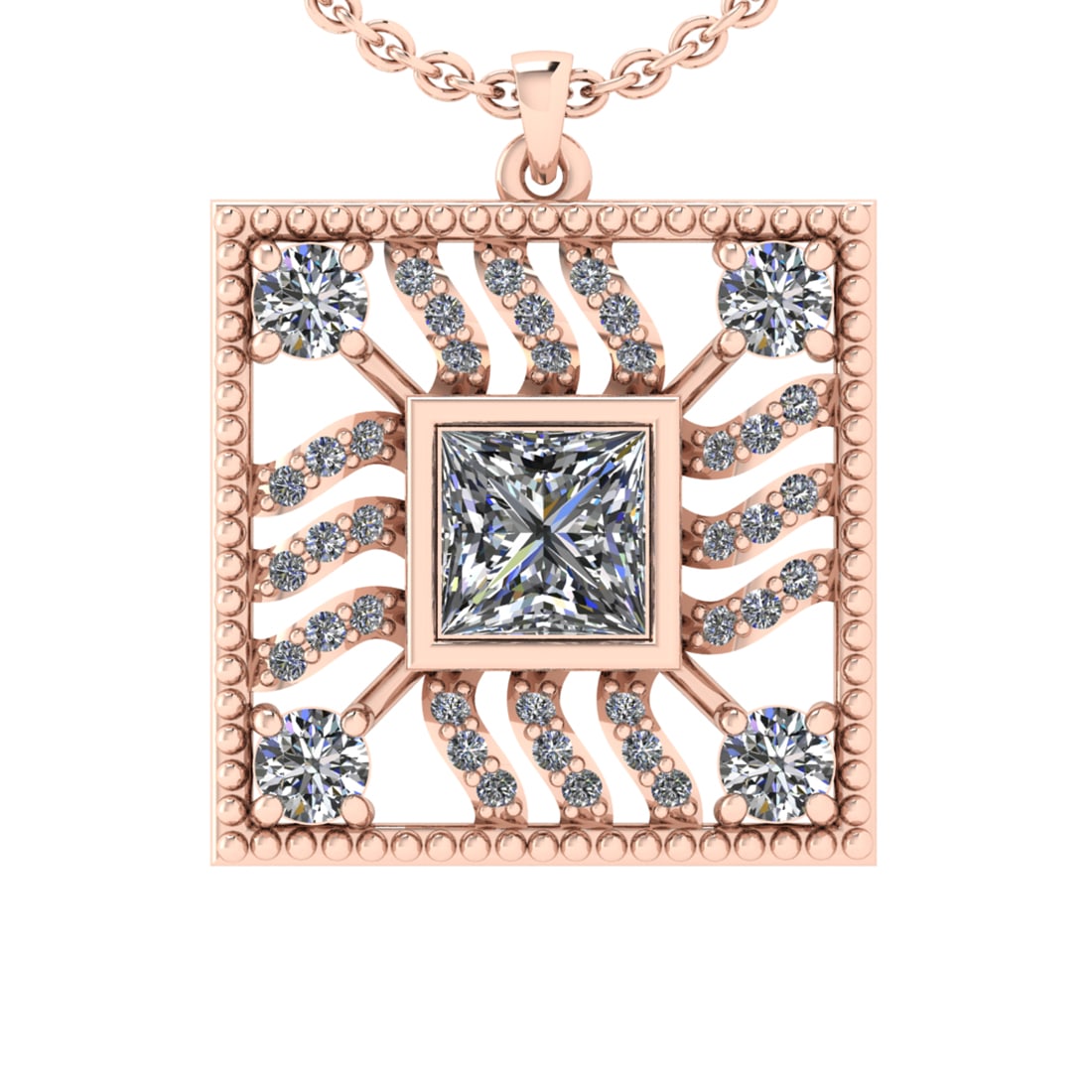 1.25 Ctw VS/SI1 Diamond 14k Rose Gold Pandant (ALL DIAMOND ARE LAB GROWN ): Center Daimond Weight :-0.75 Ctw ( Princess Cut) Color : G-H Clarity : VS/SI1 Side Diamond Weight Of Ctw 0.50 Ctw Color : G-H Clarity : VS/SI1 Daimond Setting : Prong Metal Weight : Approx 5.32 gram