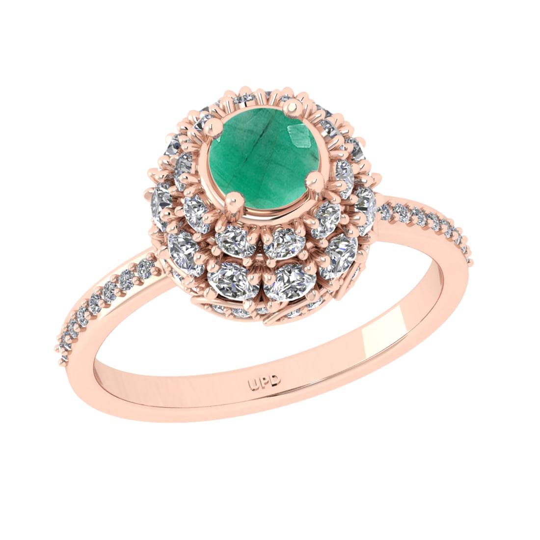 2.00 Ctw VS/SI1 Emerlad and Diamond Prong Set 14K Rose Gold Engagement Ring: Center stone Weight :-: 0.90 Ctw ( Round Cut) Color :- Emerlad Center Stone Setting : Prong Side Diamond Weight Of Ctw 1.10 Ctw Color : J-K Clarity : VS/SI1 Stone Setting : Prong Metal Weight : Approx