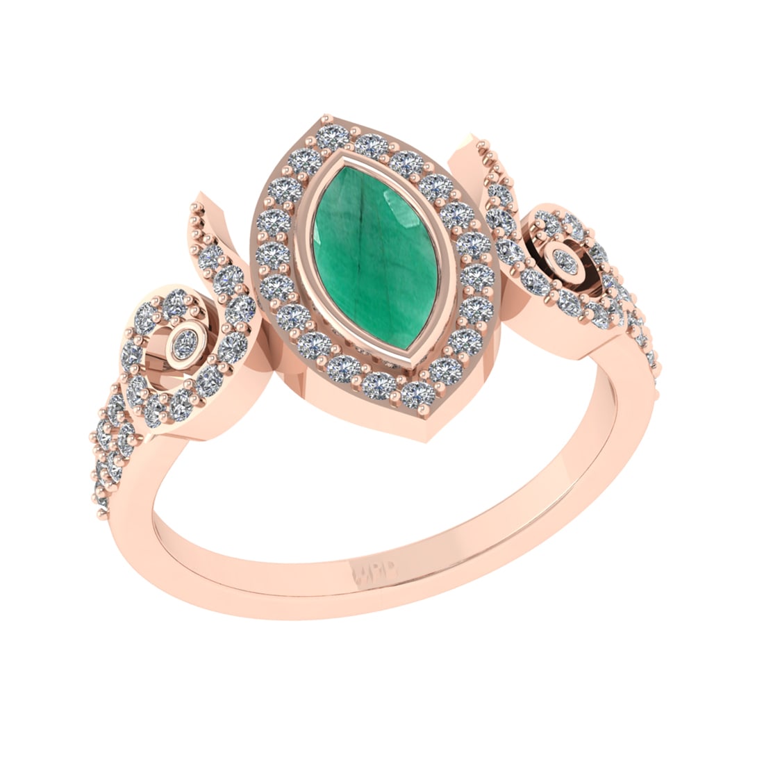 0.93 Ctw VS/SI1 Emerald and Diamond14K Rose Gold Engagement Ring: Center Stone Weight : 0.50 Ctw (Marquise Cut) Center Stone Color :-Emerald Center Stone Setting : Prong Side Diamond Weight Of Ctw 0.43 Ctw Color : J-K Clarity : VS/SI1 Stone Setting : Prong Metal Wei