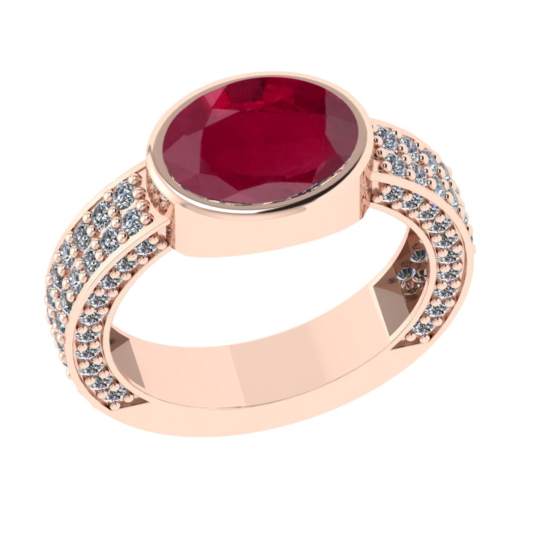 2.96 Ctw VS/SI1 Ruby and Diamond 14k Rose Gold Engagement Ring (ALL DIAMOND: Center Stone Weight :-2.00 Ctw ( Oval Cut) Center Stone Color :-Ruby Center Stone Setting : Prong Side Diamond Weight Of Ctw 0.96 Ctw Color : G-H Clarity : VS/SI1 Daimond Setting : Prong Metal Weight 