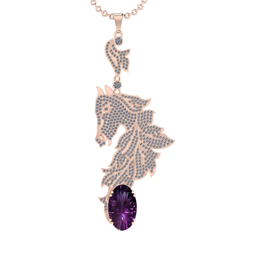 25.49 Ctw VS/SI1 Amethyst and Diamond Prong Set 14k Rose Gold Pendant (ALL: Center Stone Weight : 21.95 Ctw ( Oval Cut) Center Stone Color :-Amethyst Setting : Prong Side Weight Of Ctw 3.54 Ctw Color : J-K Clarity : VS/SI1 Stone Setting : Prong Metal Weight : Approx 19.80
