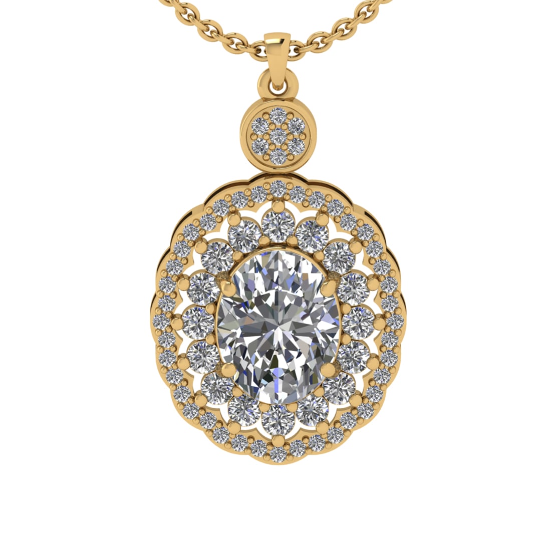 2.69 Ctw VS/SI1 Diamond 10K Yellow Gold Pendant (ALL DIAMOND ARE LAB GROWN): Center Diamond Weight : 2.00 Ctw (Oval Cut) Color : J-K Clarity : VS/SI1 Setting : Prong Side Weight Of Ctw 0.69 Ctw Color : J-K Clarity : VS/SI1 Stone Setting : Prong Metal Weight : Approx 3.90 gram