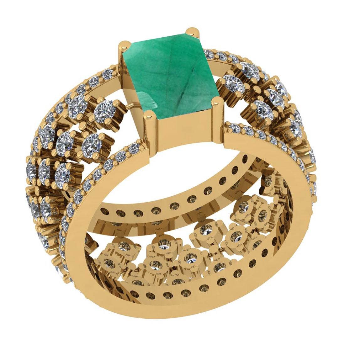 1.22 Ctw VS/SI1 Emerald And Diamond 14K Yellow Gold Engagement Halo Ring: Center Stone Weight : 0.50 Ctw (Emerald Cut) Center Stone Color : Emerald Stone Setting : Prong Side Stone Weight Of Ctw 0.72 Ctw Side Stone Color : J-K Stone Clarity : VS/SI1 Stone Setting : Prong Me