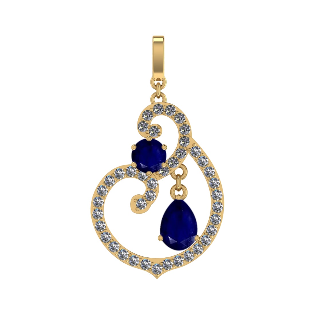 4.35 Ctw VS/SI1 Blue Sapphire and Diamond Prong Set 14k Yellow Gold Pendant: Center Stone Weight :-2.84 Ctw ( Pear & Round Cut ) Center Stone Color :-Blue Sapphire Center Stone Setting : Prong Side Diamond Weight Of Ctw :- 1.51 Ctw Color : J-K Clarity : VS/SI1 Daimond Setting 