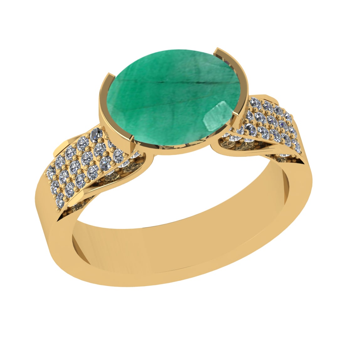 2.98 Ctw VS/SI1 Emerald And Diamond 14k Yellow Gold Engagement Ring (ALL DI: Center Stone Weight : 2.50 Ctw ( Oval Cut ) Center Stone Color : Emerald Stone Setting : Prong Side Diamond Weight Of Ctw 0.48 Ctw Side Stone Color : G-H Stone Clarity : VS/SI1 Stone Setting : Prong