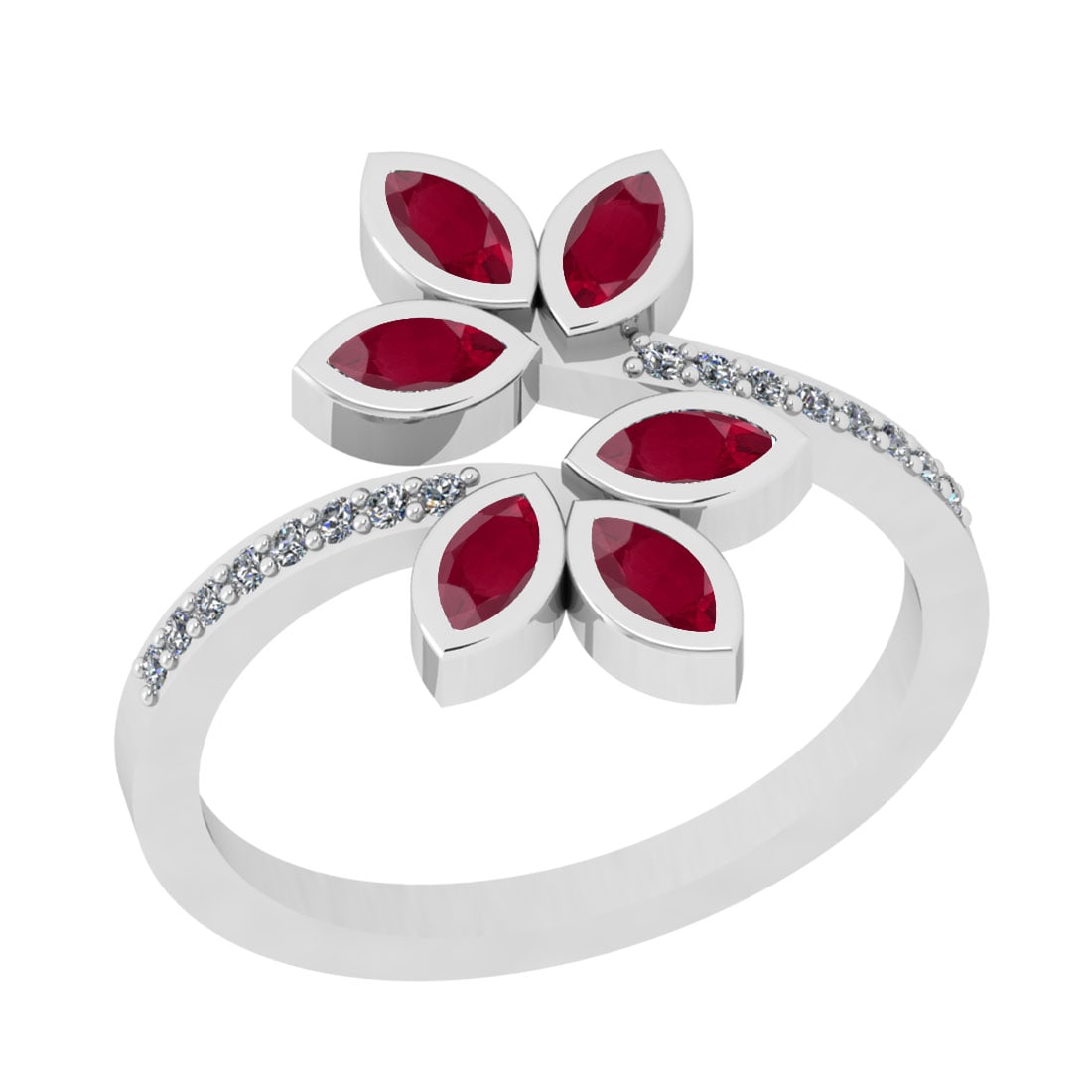 0.72 Ctw VS/SI1 Ruby And Diamond 14K White Gold Bypass Ring: Center Stone Weight : 0.60 Ctw (Marquise Cut) Center Stone Color : Ruby Stone Setting : Prong Side Stone Weight Of Ctw 0.12 Ctw Side Stone Color : J-K Stone Clarity : VS/SI1 Stone Setting : Prong