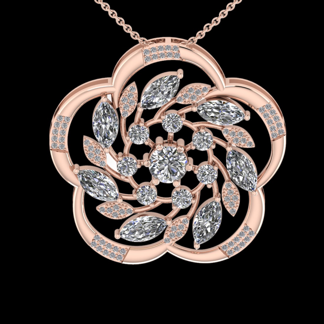 4.15 Ctw VS/SI1 Diamond 18K Rose Gold Necklace (ALL DIAMOND ARE LAB GROWN ): Center Diamond Weight :- 3.69 Ctw (Round & Marquise cut) Color :- G-H Clarity : VS/SI1 Center Stone Setting : Prong Side Diamond Weight Of Ctw 0.46 Ctw Color : G-H Clarity : VS/SI1 Stone Setting :