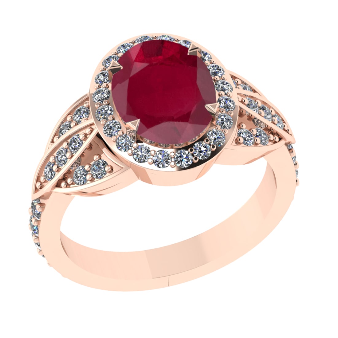 3.26 Ctw VS/SI1 Ruby and Diamond 14k Rose Gold Engagement Ring (ALL DIAMOND: Center Stone Weight :-2.50 Ctw ( Oval Cut) Center Stone Color :-Ruby Center Stone Setting : Prong Side Diamond Weight Of Ctw 0.76 Ctw Color : G-H Clarity : VS/SI1 Daimond Setting : Prong Metal Weight 