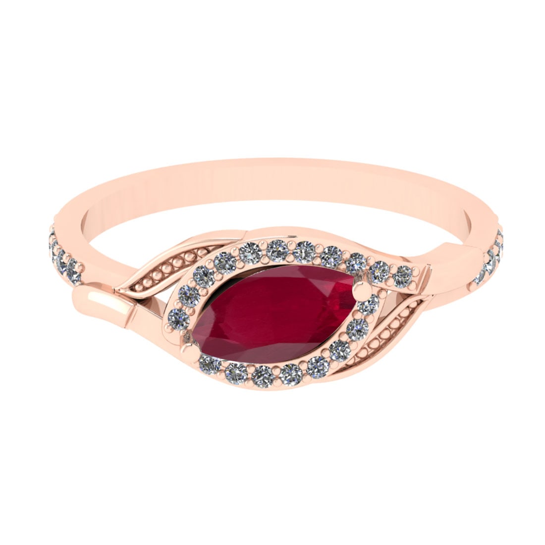 0.57 Ctw VS/SI1 Ruby And Diamond 14K Rose Gold Engagement Ring: Center Stone Weight : 0.50 Ctw (Marquise Cut) Center Stone Color : Ruby Stone Setting : Prong Side Stone Weight Of Ctw 0.17 Ctw Side Stone Color : J-K Stone Clarity : VS/SI1 Stone Setting : Prong Meta