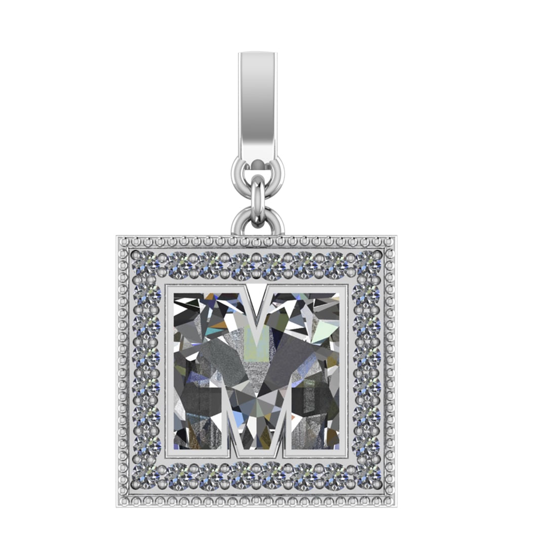 1.41 Ctw SI2/SI1 Diamond Prong Set 14k White Gold Alphaabet-M Pendant (ALL: Center Daimond Weight :-1.19 Ctw Color : White Side Diamond Weight Of Ctw 0.22 Ctw Color : G-H Clarity : SI2/SI1 Daimond Setting : Prong Metal Weight : Approx 3.86 gram 14k White Gold Alphaabet-M