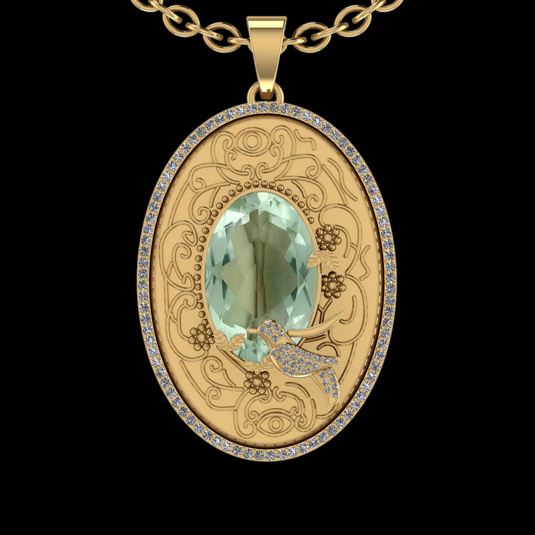 15.54 Ctw VS/SI1 Green Amethyst And Diamond 14k Yellow Gold Pendant Neklace: Center Stone Weight : 14.81 Ctw ( Oval Cut ) Center Stone Color : Green Amethyst Stone Setting : Prong Side Diamond Weight Of Ctw 0.73 Ctw Side Stone Color : J-K Stone Clarity : VS/SI1 Stone Setting :
