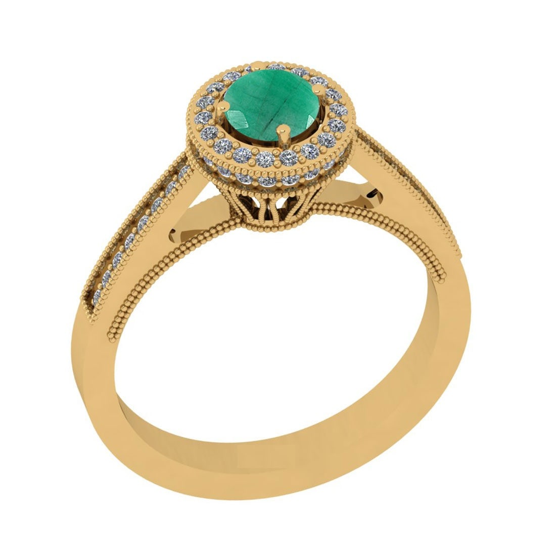 0.82 Ctw VS/SI1 Emerald And Diamond 14K Yellow Gold Engagement Halo Ring: Center Stone Weight : 0.50 Ctw (Round Cut) Center Stone Color : Emerald Stone Setting : Prong Side Stone Weight Of Ctw 0.32 Ctw Side Stone Color : J-K Stone Clarity : VS/SI1 Stone Setting : Prong Meta