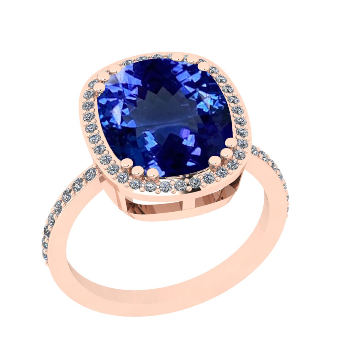 5.20 Ctw VS/SI1 Tanzanite And Diamond 18k Rose Gold Cocktail Ring: Center Stone Weight : 4.86 Ctw (Cushion Cut ) Center Stone Color : Tanzanite Stone Setting : Prong Side Stone Weight Of Ctw 0.34 Ctw Side Stone Color : J-K Stone Clarity : VS/SI1 Stone Setting : Prong