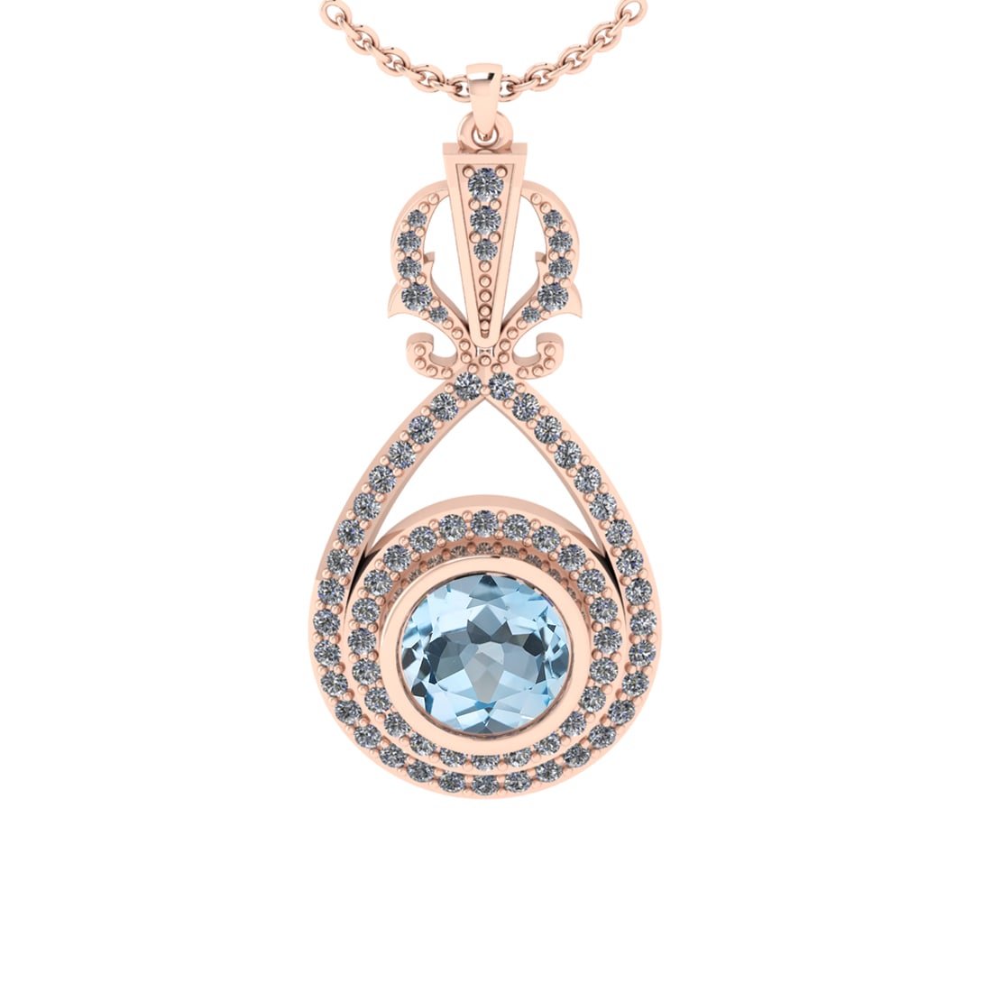 1.85 Ctw VS/SI1 Blue Topaz and Diamond 10K Rose Gold Pendant (ALL DIAMOND A: Center Stone Weight :-1.30 Ctw ( Round Cut) Center Stone Color :-Blue Topaz Center Stone Setting : Prong Side Diamond Weight Of Ctw 0.55 Ctw Color : J-K Clarity : VS/SI1 Stone Setting : Prong Metal