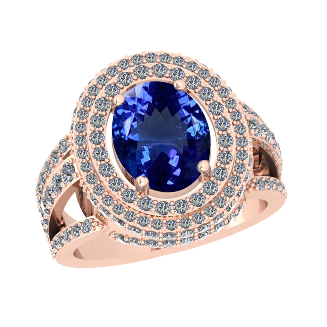 6.33 Ctw VS/SI1 Tanzanite And Diamond 18k Rose Gold Engagement Halo Ring: Center Stone Weight : 4.88 Ctw ( Oval Cut ) Center Stone Color : Tanzanite Stone Setting : Prong Side Diamond Weight Of Ctw 1.45 Ctw Side Stone Color : J-K Stone Clarity : VS/SI1 Stone Setting :